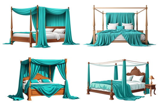 Elegant Four-Poster Bed with Turquoise Blanket cartoon style png