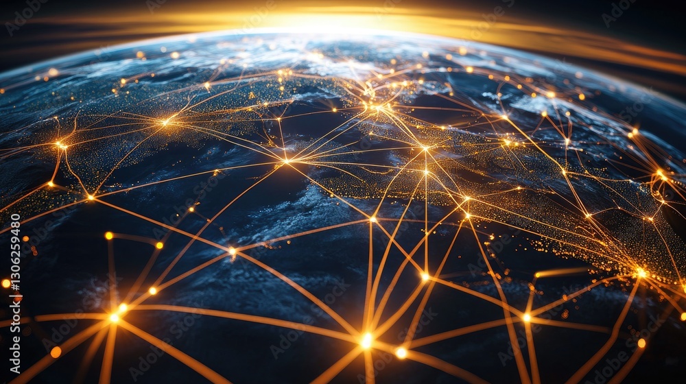 Poster a modern logistics network map with bright, illuminated connections, representing the complexity and
