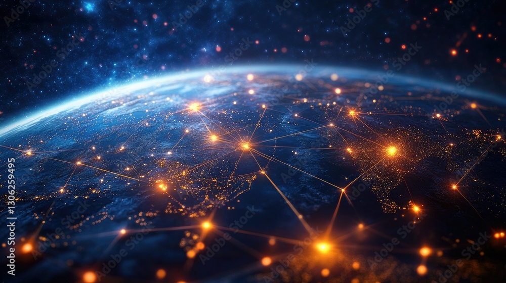 Poster a modern logistics network map with bright, illuminated connections, representing the complexity and