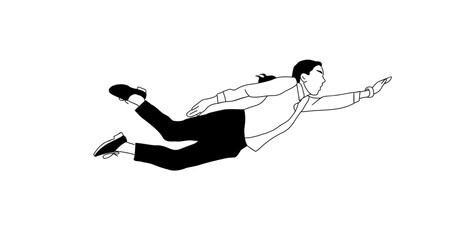 Fototapeta premium Business woman flying, floating, jumping in the air. Concept of freedom, development and aspirations. Young woman moving forward. Simple outline vector illustration isolated