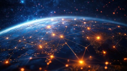 A modern logistics network map with bright, illuminated connections, representing the complexity and global scale of transportation systems