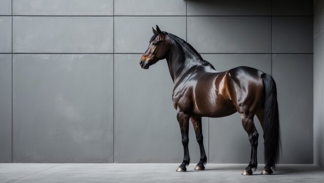 Stunning dark bay Akhal Teke stallion posing sideways next to a gray concrete wall. Vertical, portrait, close-up view.