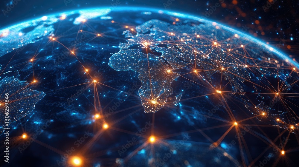 Poster a modern logistics network map with bright, illuminated connections, representing the complexity and