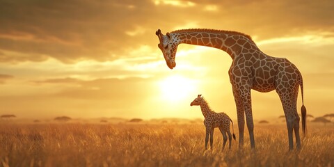 Towering giraffe gently lower long neck nuzzling young calf show of affection savanna stretch into horizon bathed warm glow of setting sun Ultra HD texture high fidelity fur detail cinematic golden