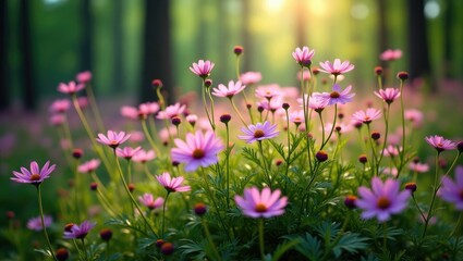 Obraz premium A close-up view of blooming purple cosmos bipinnatus flowers flourishing in the heart of a forest.