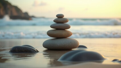 Fototapeta premium Stacked stones on a beach showcasing tranquility and nature photography