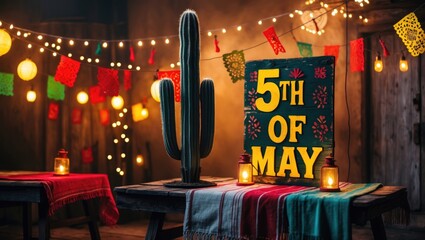 Cactus with a festive sign for the 5th of May celebration