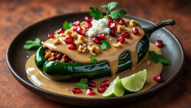 Chiles en Nogada, A Traditional Mexican Cuisine. Made with poblano peppers filled with meat and fruit, topped with a unique walnut sauce. Celebrated as the iconic dish of Mexico.