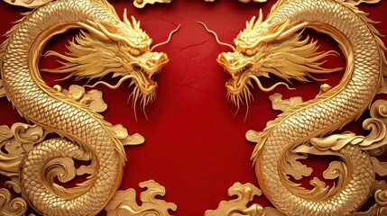 Obraz premium Golden Dragons Facing Each Other on Red Background