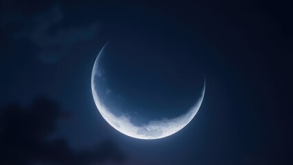 Detailed view of a beautiful crescent moon set against a deep blue sky. Stock image capturing the lunar features during twilight.