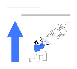 Person kneeling with shield deflecting DDoS attack missiles, large upward arrow indicating growth. Ideal for cybersecurity, protection, resilience, data integrity, network defense, growth, flat