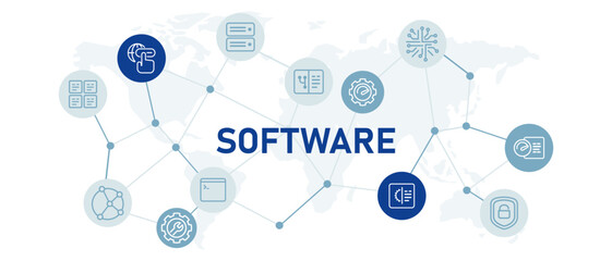 Software icon set with illustration application development network service maintenance setting project program database engineering programming analysis data information technology design