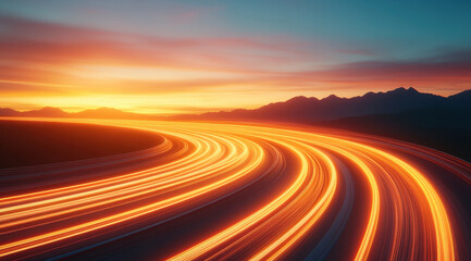 Fototapeta premium car driving on highway at sunset, with vibrant orange and yellow light trails creating dynamic scene. mountains in background enhance beauty of landscape