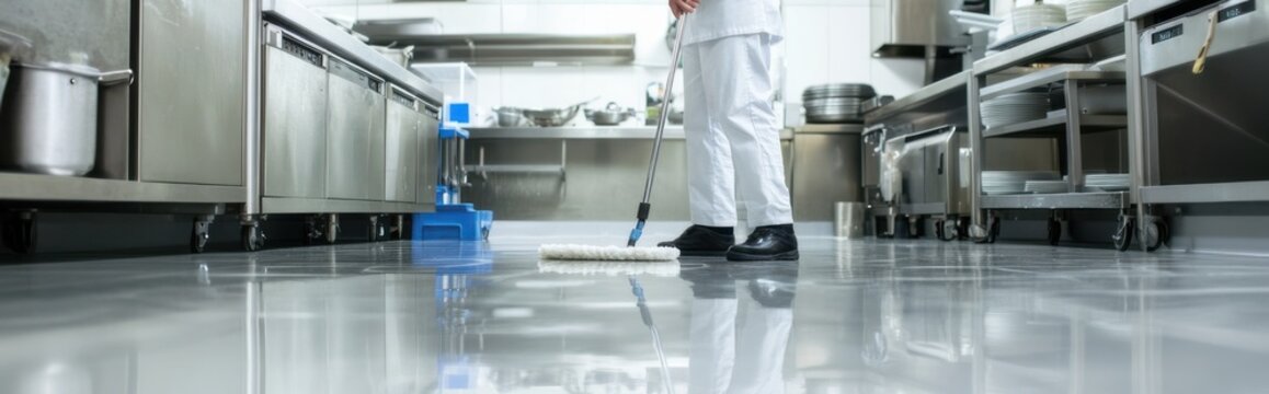 Chef mops floor in modern restaurant kitchen during cleaning shift