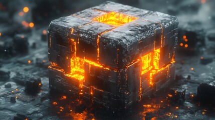Glowing Cube Abstract Art Intense Orange Light. AI Generated