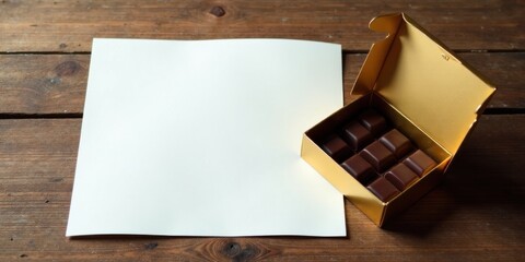 A blank sheet of paper beside a box of decadent dark chocolate squares on a rustic wooden surface