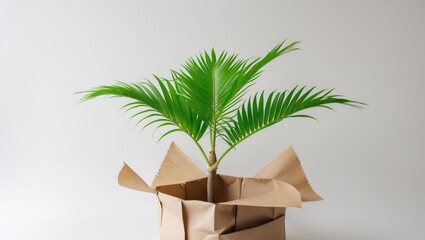 Chamaedorea displayed in eco-friendly packaging, vivid green, against a white background.