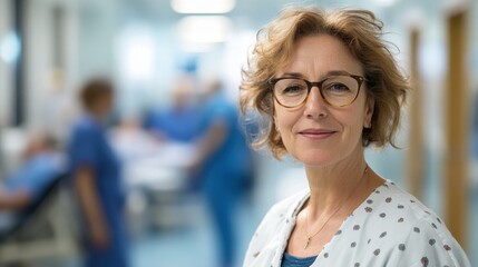 Fototapeta premium A portrait of a mature European woman in a nurse's uniform, smiling confidently while working in a busy hospital environment, showcasing compassion and professionalism.