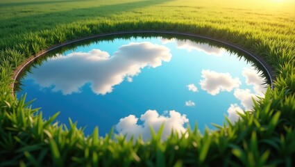 Reflection of the sky and clouds in a circular mirror set in the grass.