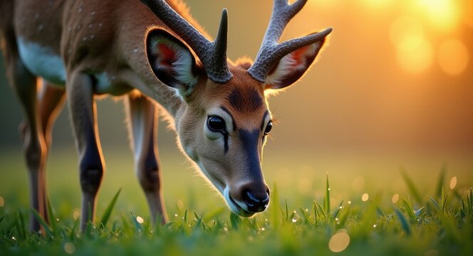 Intimate view of a female Eld's deer, also known as the Brow-antlered deer, foraging on grass.