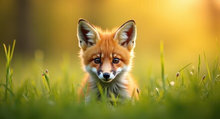 Fototapeta premium Intimate shot of a fox pup amidst greenery