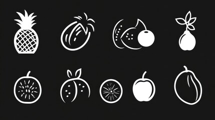 Collection of fruit icons on dark background. Possible use for app, website, or print design.