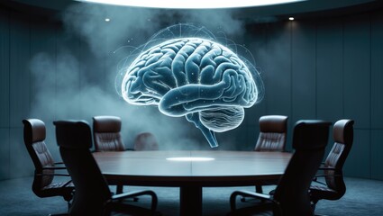 a digital hologram showcasing imaginative artificial intelligence with an illustration of the human brain in a modern meeting room. Multiple exposures