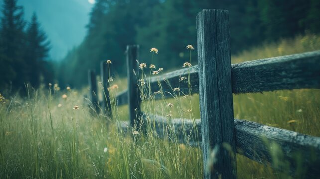 A peaceful wooden fence along a grassy pasture, with space for text in the corner, encapsulating the essence of farm life simplicity