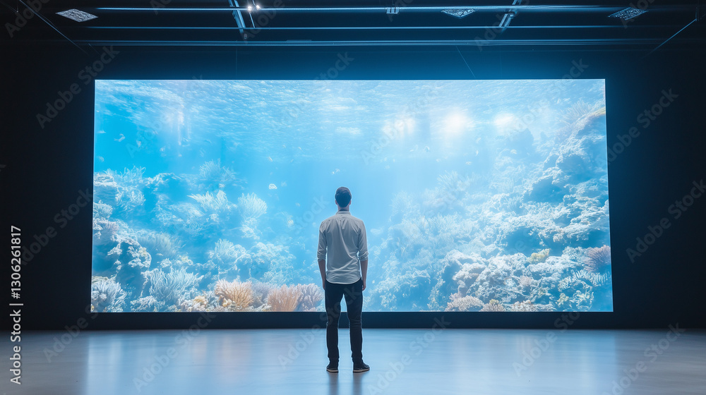 Poster man contemplating underwater display: a person gazes in wonder at a massive digital display showcasi