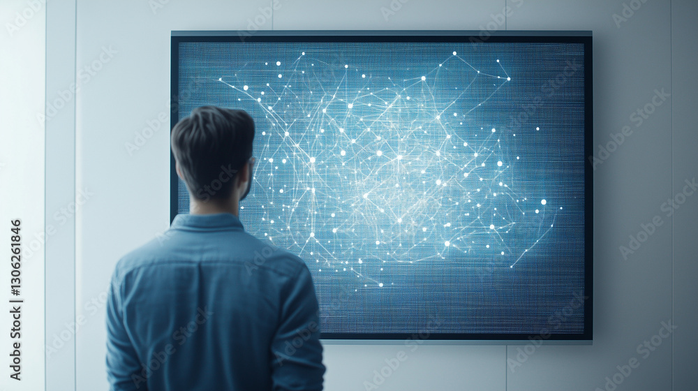 Poster mindful digital landscape: a focused individual gazes at a digital representation of interconnected 