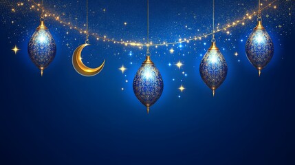 Festive Islamic Lanterns and Crescent Moon Night Background