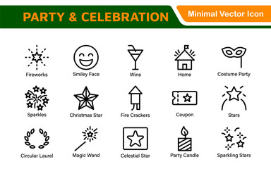 Celebration and Party Icons. Vector Icons for Birthdays, Holidays, Festivals, Fireworks, and Event Decorations