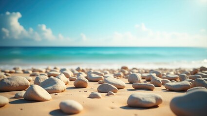 Scenic summer beach backdrop featuring sea stones on sandy shore