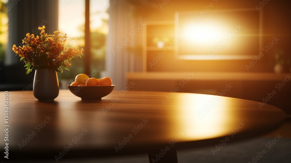 Poster a round wooden dining table features a ceramic vase of flowers and a bowl of fruit, illuminated by s