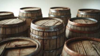 Fototapeta premium Wooden barrels, arranged and set against a white backdrop