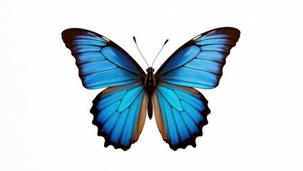 Striking blue butterfly, prominently displayed against a white background. Swallowtail butterfly featuring blue hues.