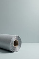 A rolled-up sheet of light grey textured material rests on a pale surface against a muted backdrop