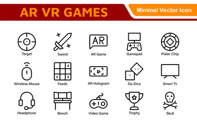 AR VR Games Icons Collection. Vector-Based Icons for Virtual Reality, Augmented Reality, Gaming, and Immersive Tech