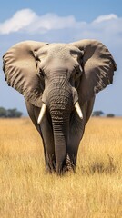 Fototapeta premium 57. A large elephant walking across the savanna, showing survival through strength, intelligence, and social structures