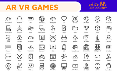 AR VR Games Icons Collection. Vector-Based Icons for Virtual Reality, Augmented Reality, Gaming, and Immersive Tech