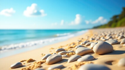 Obraz premium Scenic summer beach backdrop featuring smooth stones on the sand
