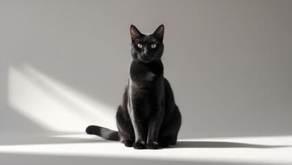 Short-haired black cat sitting and gazing.