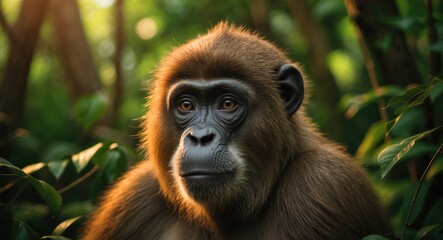Intimate Close-Up of a Bonobo with a Green Natural Backdrop in Its Habitat. Bonobo (Pan paniscus) from the Democratic Republic of Congo, Africa.
