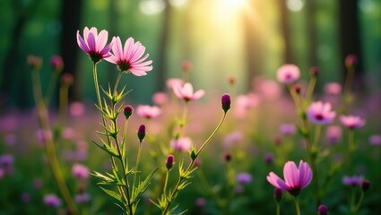 A close-up view of blooming purple cosmos bipinnatus flowers flourishing in the heart of a forest.