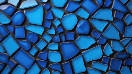 Background features a gradient of blue. Mosaic fragments.