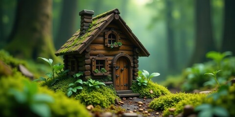 A Miniature Log Cabin Nestled in a Lush, Mossy Forest Glen, Idyllic and Serene