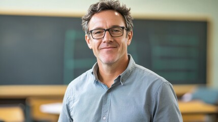 A cheerful middle-aged male teacher poses in a classroom setting, conveying warmth and professionalism. His glasses and friendly smile enhance the inviting atmosphere.