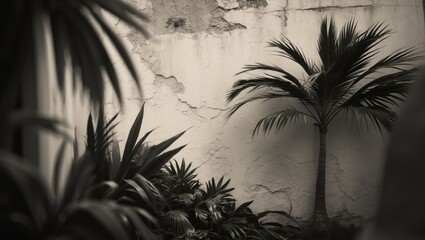 Monochrome backdrop featuring palm leaves and a shadowy palm tree against a textured white wall.