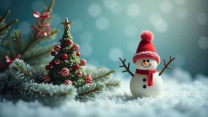 Decorative spruce branches, a Christmas tree figurine, bows, and spiral ribbon appear on a blue-gray backdrop alongside a toy snowman wearing a hat.