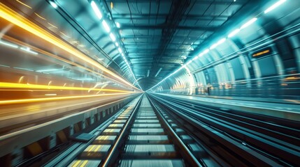 A dynamic view of a high-speed train tunnel with motion blur, glowing lights, and a sense of speed and futuristic technology..